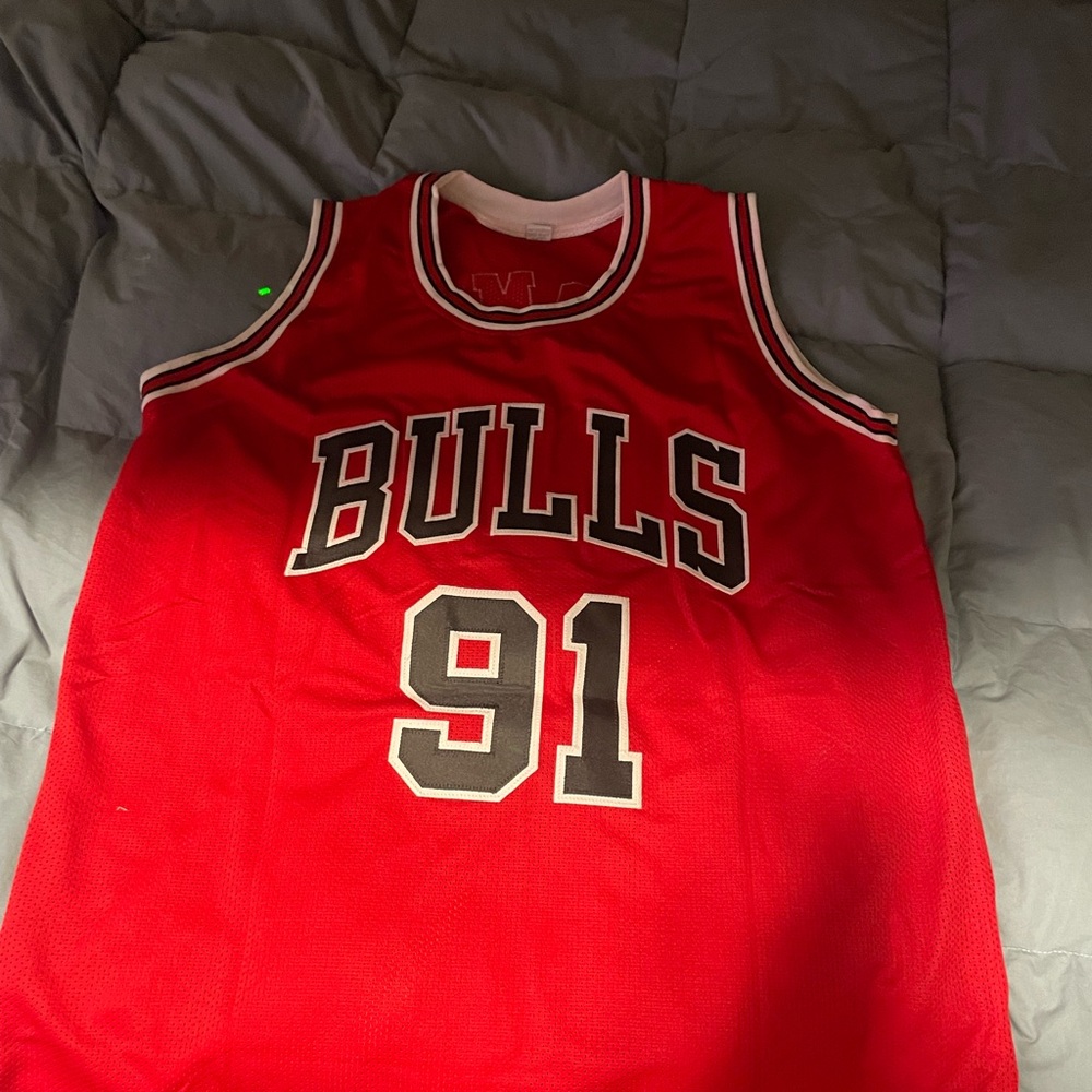 Signed XL red and white Dennis Rodman jersey